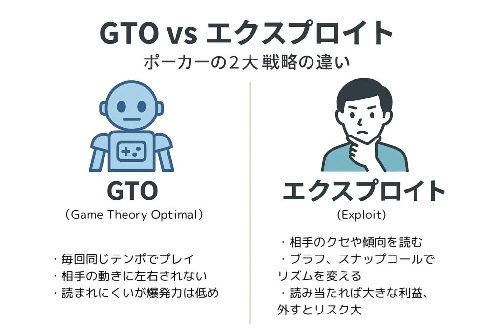 GTOとエクスプロイトの違いを比較した図解。GTOは一貫性重視、エクスプロイトは相手のクセを読む戦略。