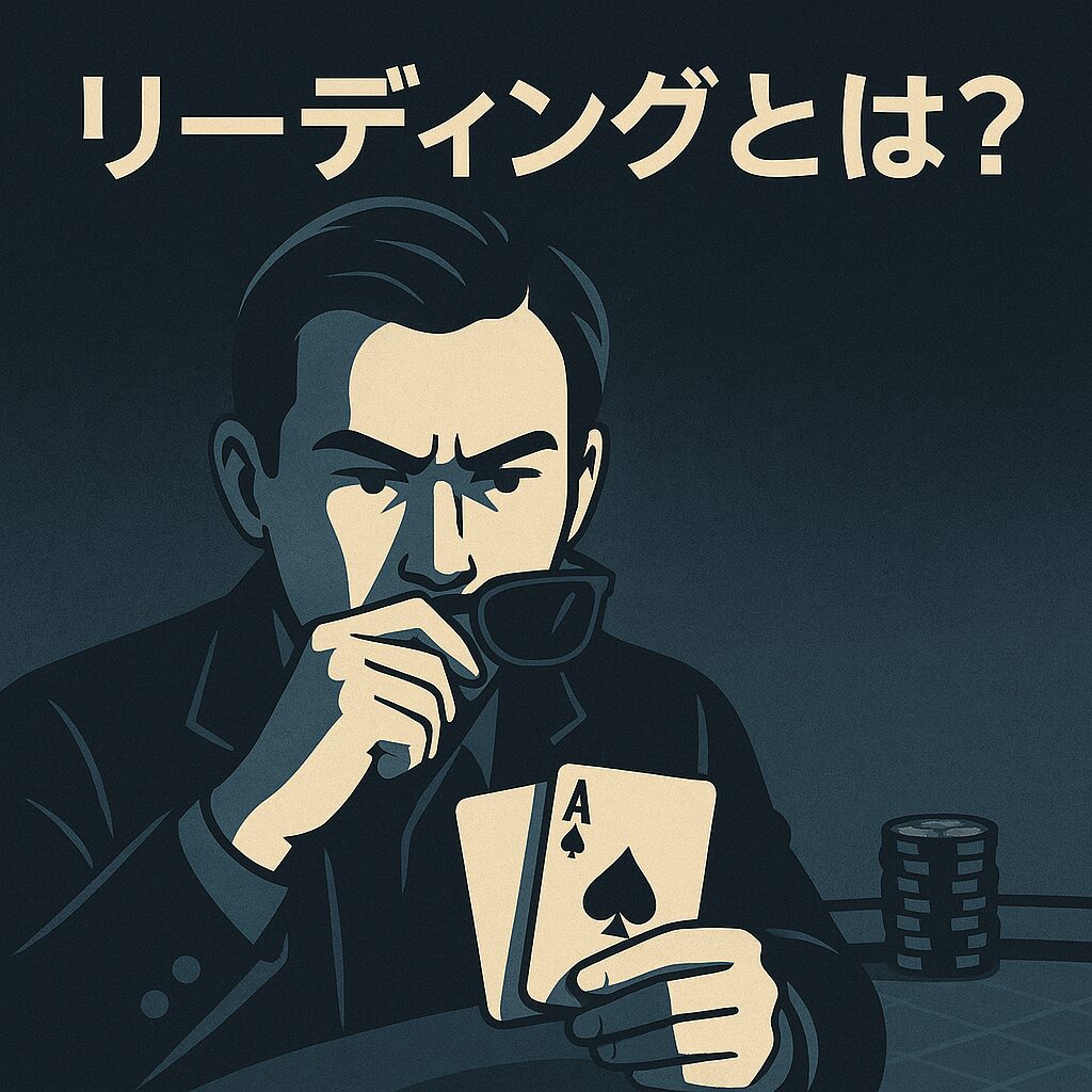 ポーカー中に相手を観察し、ハンドを読もうとするプレイヤーを描いたクールなイラスト。読み合いや心理戦をイメージしたビジュアル。