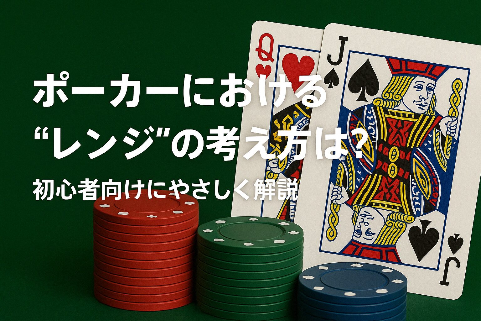 ポーカーチップとQ♥・J♠のカードを背景に、「ポーカーにおける“レンジ”の考え方とは?初心者向けにやさしく解説」と書かれたアイキャッチ画像