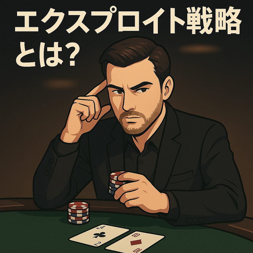 ポーカー中の読み合いをイメージしたリアル風イラスト。相手を鋭く見つめるプレイヤーとテーブル上のチップやカードが描かれている。